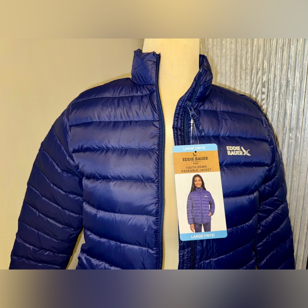 NEW Eddie Bauer Youth Down Packable Jacket 650 Navy Blue Sz. L 10/12 Lightweight